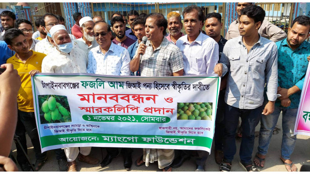 রাজশাহী নয় ,চাঁপাইনবাবগঞ্জের ফজলি আম জিআই পন্য হিসেবে স্বীকৃতির দাবীতে মানববন্ধন